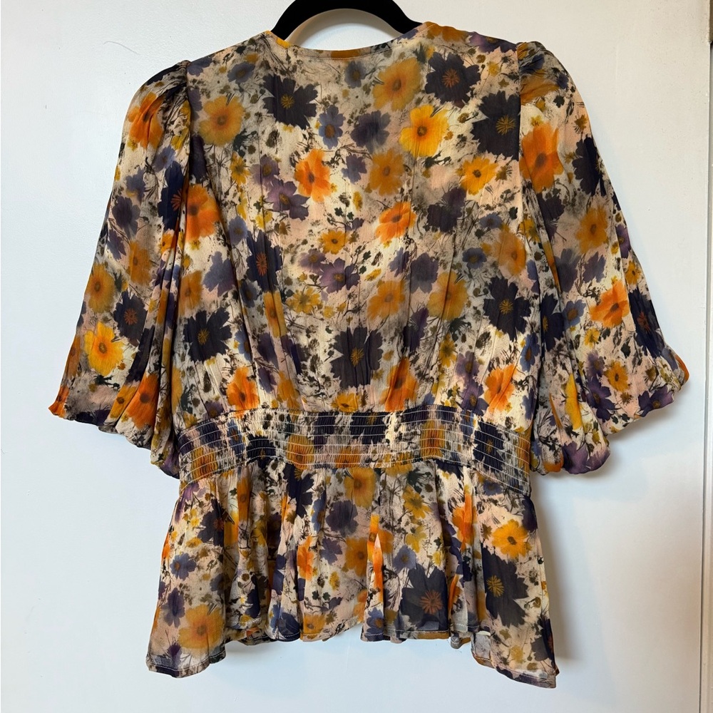 Anthropologie Floral Peplum Blouse in Mustard, Purple, Cream - Picture 5 of 8